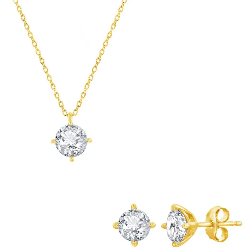 infinity necklaces for women -Classic Women's Necklace and Earrings Set - Gold Solitaire Round White CZ | SET-620