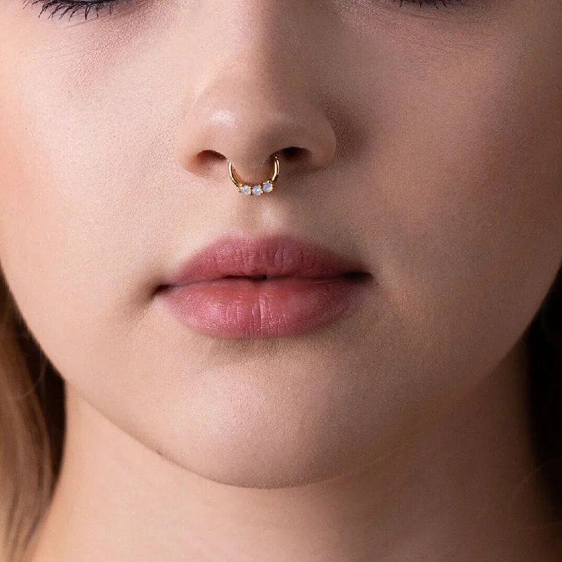 sapphire rings for women -Triple Tiny Opal Stone Septum Ring, Nose Ring, Daith Ring, Hinged Clicker Hoop, 16ga 8 or 10mm, Unisex, Surgical Steel, SH660, SH661