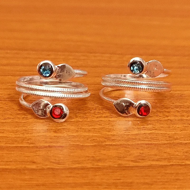 luxury rings for brides -SILVER PLATED RED & BLUE COLOUR ADJUSTABLE TOE RING