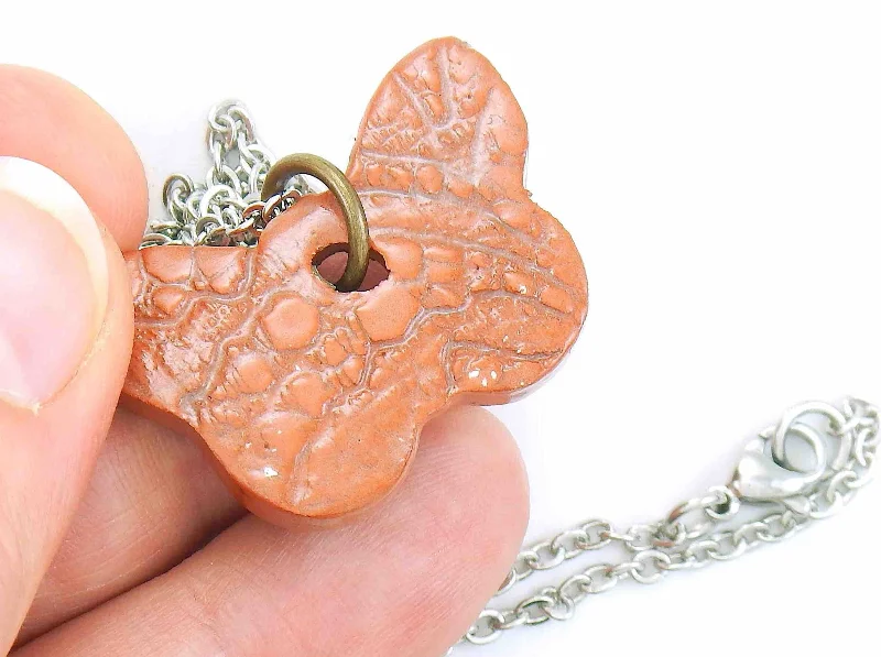 personalized necklace pendants for women -16-inch necklace with terra cotta butterfly ceramic pendant handmade in Montreal, lace pattern, stainless steel chain