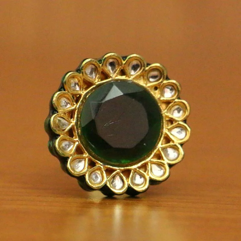 promise rings for her -GREEN ONYX KUNDAN MEENAKARI ROUND COCKTAIL RING