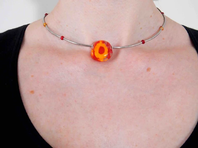 elegant necklaces for women -Choker necklace with bright red and yellow flower murine glass bead (Murano-style glass handmade in Montreal), stainless steel tube beads and clasp