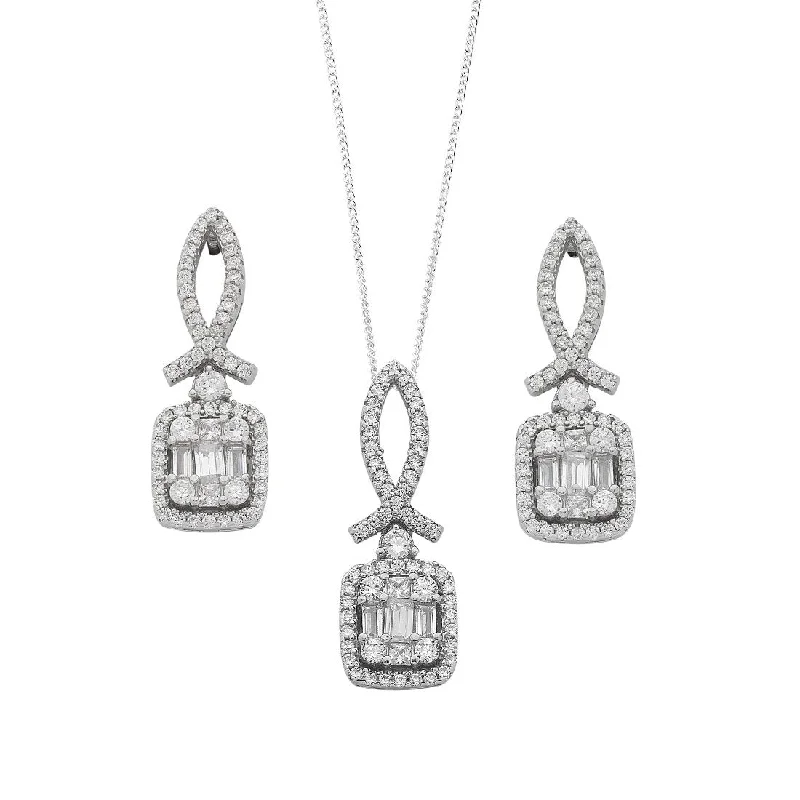 luxury drop earrings for women -Sterling Silver Baguette Cubic Zirconia Cluster Earrings and Necklace Set