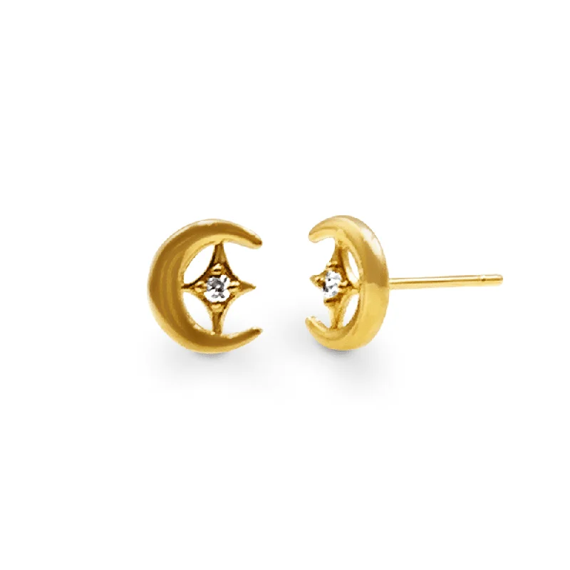 casual earrings for women -Mini Moon and Star Stud Earrings with Cubic Zirconia in 9ct Yellow Gold