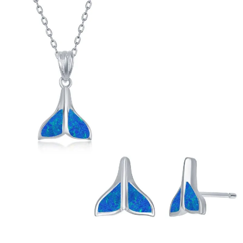 vintage gold necklaces for women -Opalata Women's Necklace and Earrings Set - Sterling Blue Opal Whale Tail | SET-573