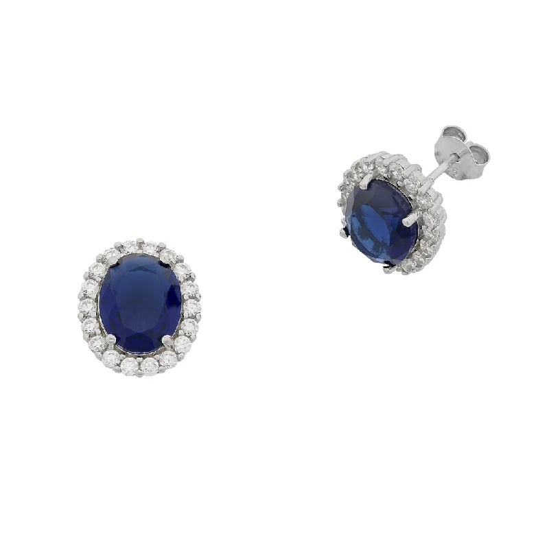 modern pearl earrings for women -Sterling Silver Oval Blue Cubic Zirconia Stud Earrings