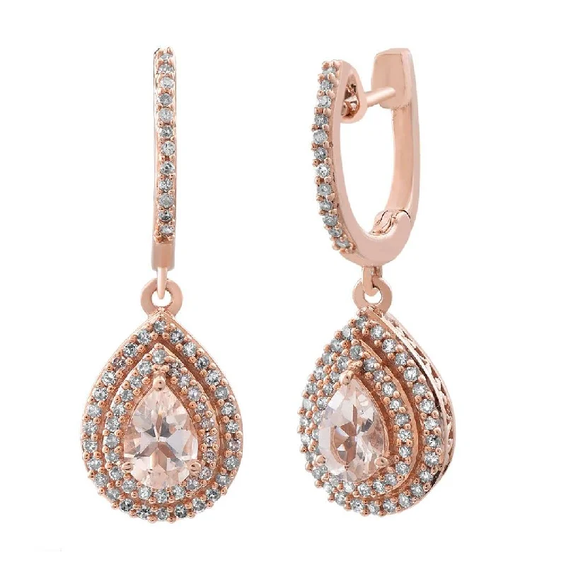 crystal drop earrings for women -9ct Rose Gold 0.56ct Pear Shape Morganite 0.38ct Diamond Double Halo Drop Earrings