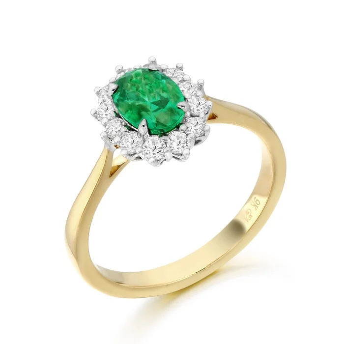 fashion rings for women -9ct Yellow Gold Lady Di Emerald And Cz Cluster Ring