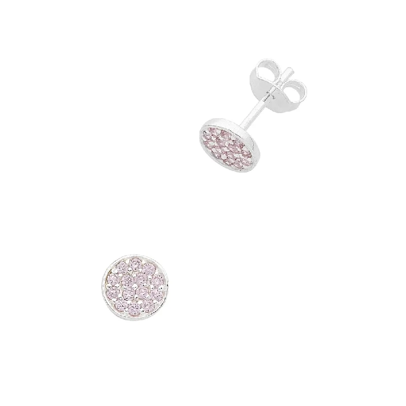 trendy earrings for women -Sterling Silver Pink Cubic Zirconia Pave Disc Stud Earrings