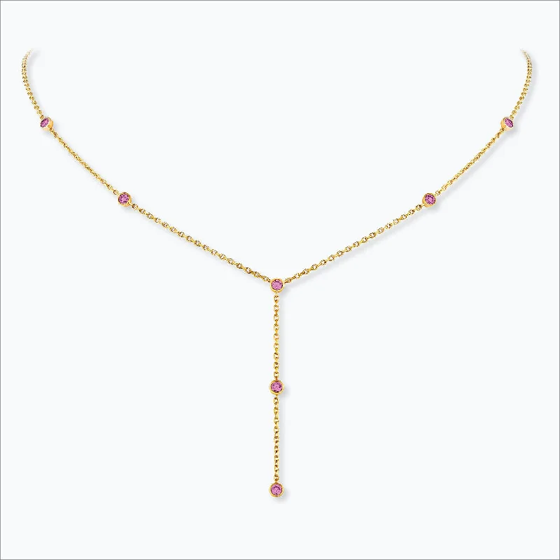 bohemian style necklaces for women -7 Stone 18K Gold Necklace w. Pink Sapphires