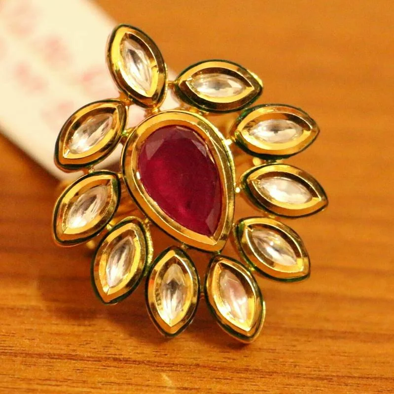 silver rings for women -RUBY STONE MARQUESE KUNDAN POLKI COCKTAIL RING