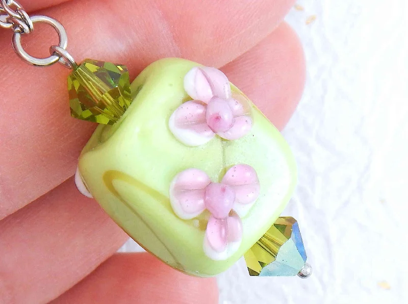 fancy gold necklaces for women -24- or 29-inch necklace with Murano glass lime green square, pink 3D flowers, Olive AB Swarovski bicones, stainless steel chain