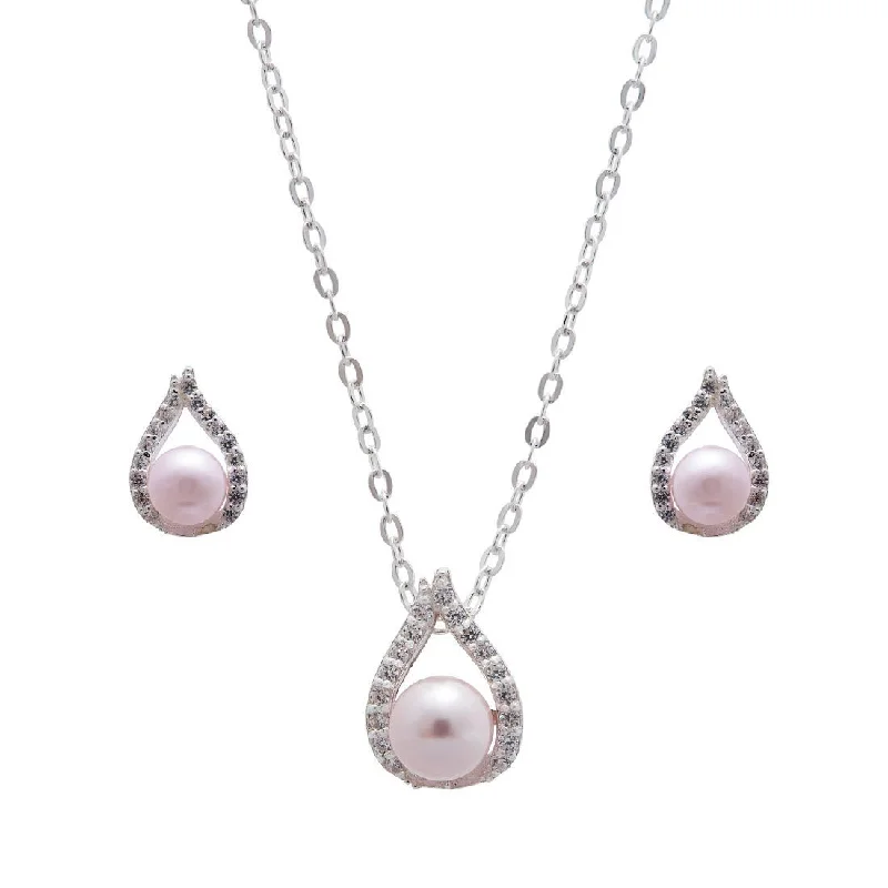 multi-strand earrings for women -Synthetic Pink Pearl Necklace and Earrings Set in Sterling Silver