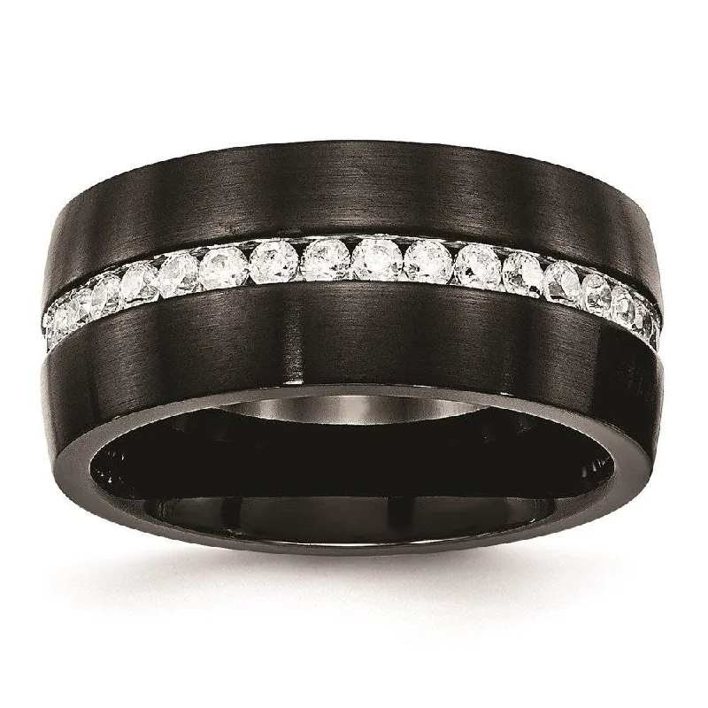 luxury wedding rings for women -Stainless Steel Brushed and Polished Black IP CZ Ring