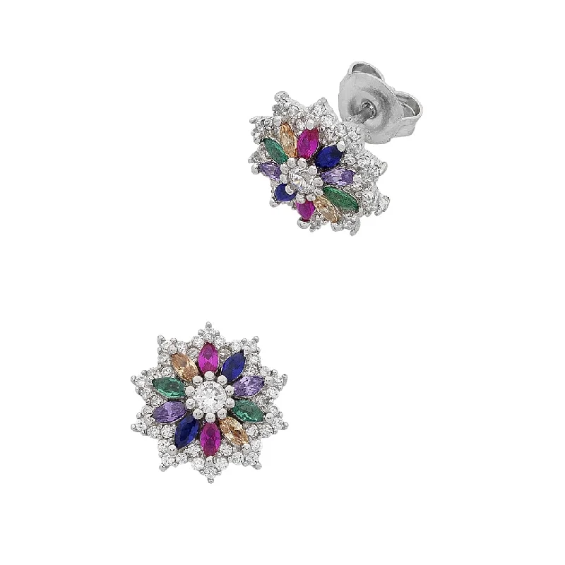 boho earrings for women -Sterling Silver Multi Coloured Cubic Zirconia Flower Stud Earrings