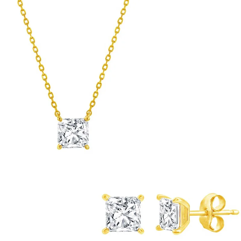 handmade necklaces for women -Classic Women's Necklace and Earrings Set - Gold Plated Princess Cut CZ | SET-611