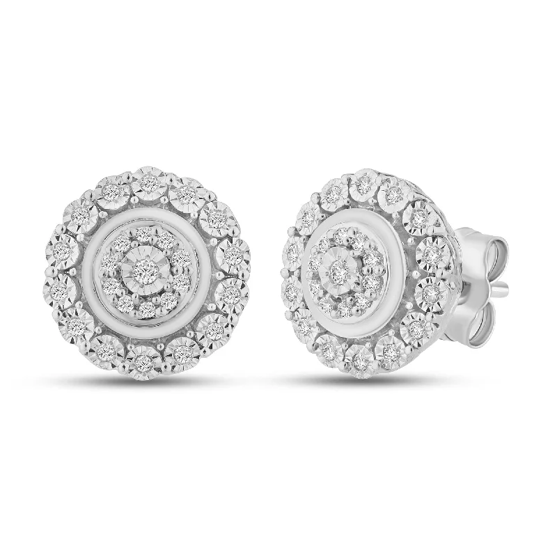 luxurious pearl drop earrings -Double Halo Stud Earrings with 0.15ct of Diamonds in Sterling Silver