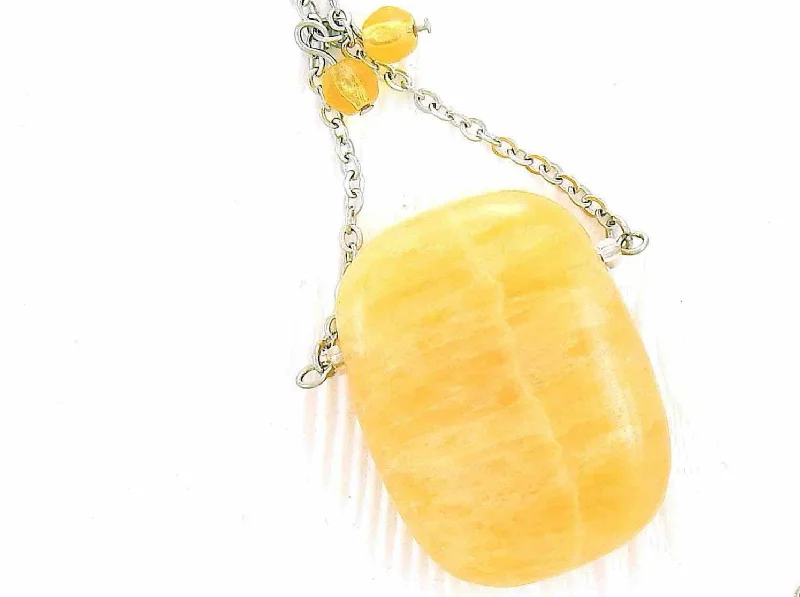 vintage necklaces for women -30-inch necklace with large rectangular honey yellow calcite stone pendant, triangular layout, matching glass beads, stainless steel chain