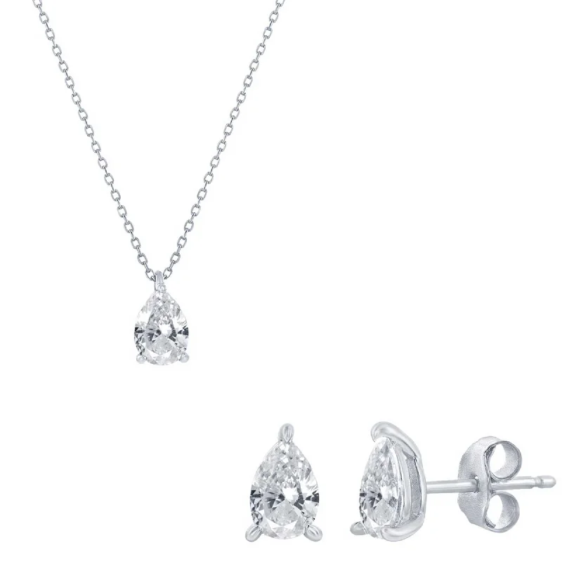 rose gold necklaces for women -Classic Women's Necklace and Earrings Set - Silver Solitaire Pearshape CZ | SET-613