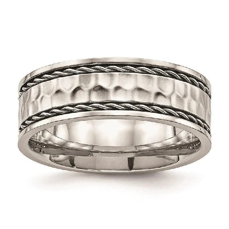 personalized rings for women -Stainless Steel Polished Hammered Comfort Back Ring