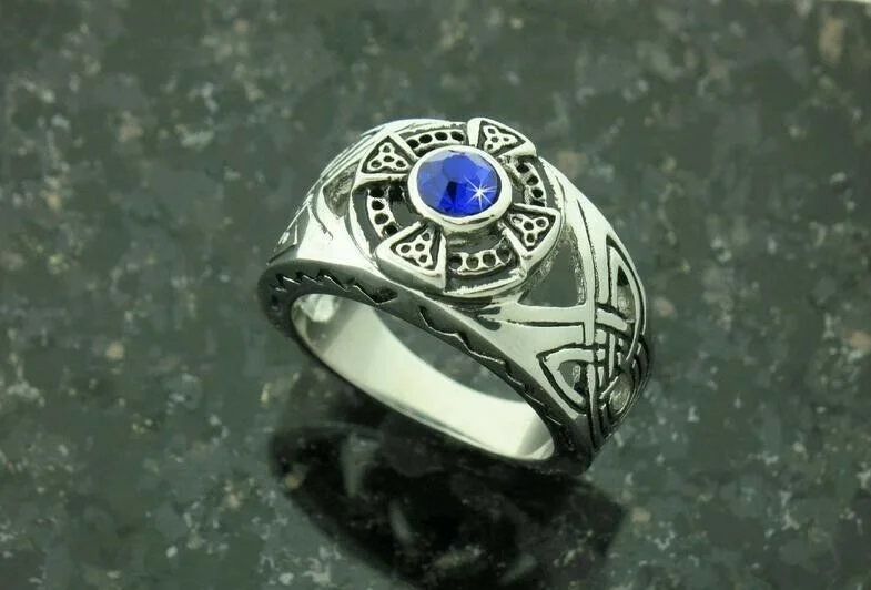 unique gold rings for women -316 L Stainless Steel Celtic Cross Ring Blue CZ Scotland's Color