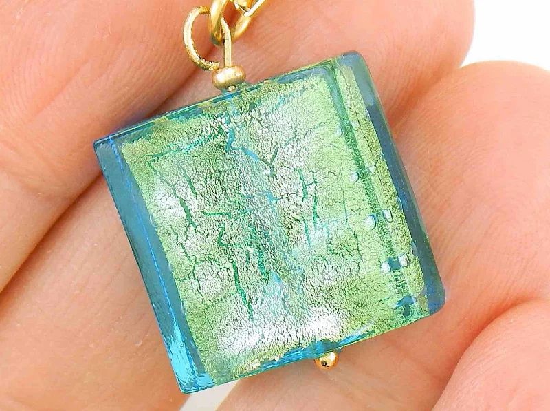 adjustable necklaces for women -16-inch necklace with bright turquoise Murano glass on gold foil square, rectangle-link gold-toned stainless steel chain