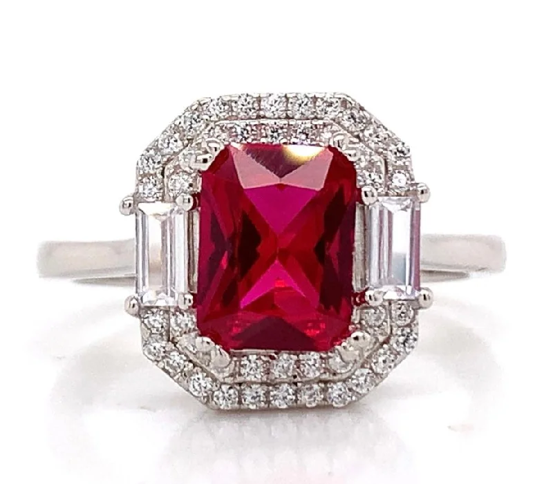 engagement rings for women -Sterling Silver Ruby And Double Halo Ring