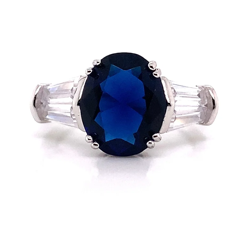 fashion cocktail rings -Sterling Silver Oval Sapphire & CZ Ring