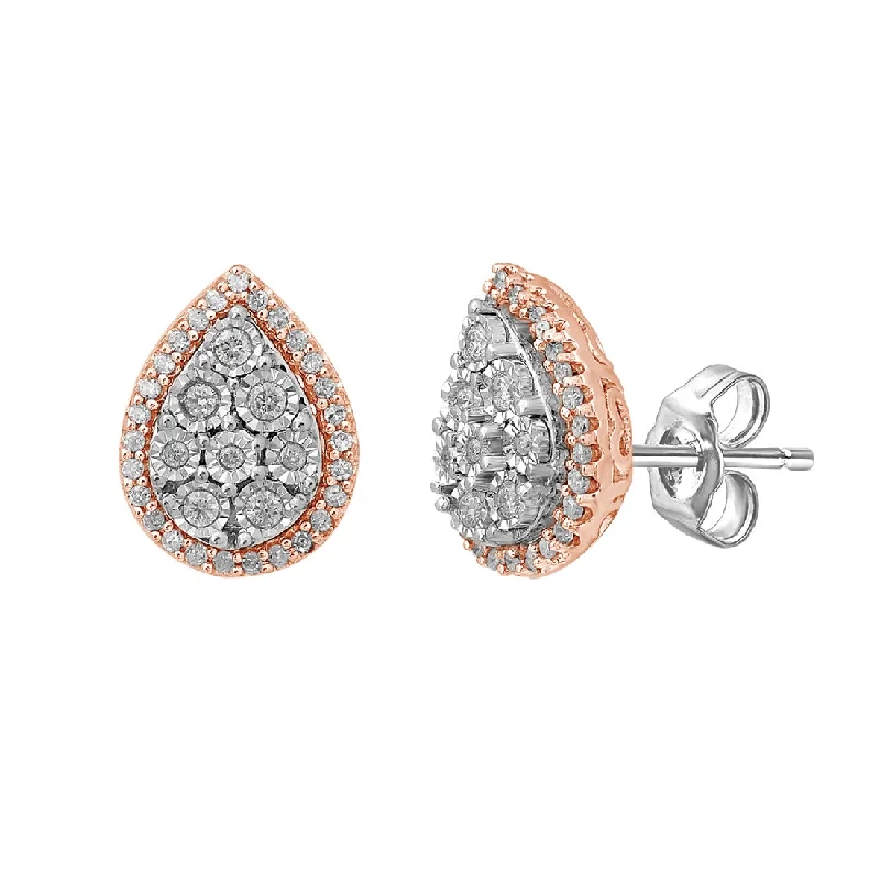 hoop earrings for women -9ct White & Rose Gold 0.25ct Diamond Pear Miracle Set Halo Stud Earrings