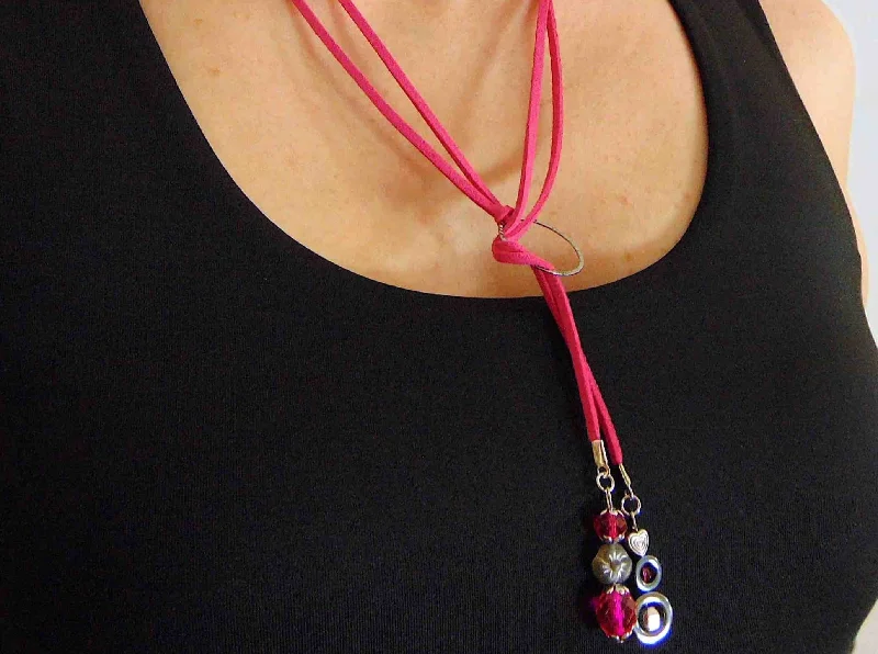 gemstone pendant necklaces for women -Adjustable necklace in fuchsia mock suede, fuchsia and hematite details, silver-coloured ring