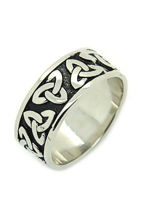 personalized rings for women -STAINLESS STEEL CELTIC TRINITY RING WITH  BLACK BACKGROUND