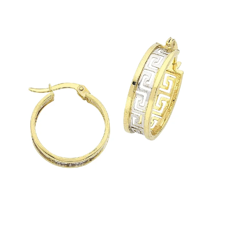 crystal earrings for women -9ct Yellow Gold Silver Infused Two Tone Greek Key Hoop Earrings