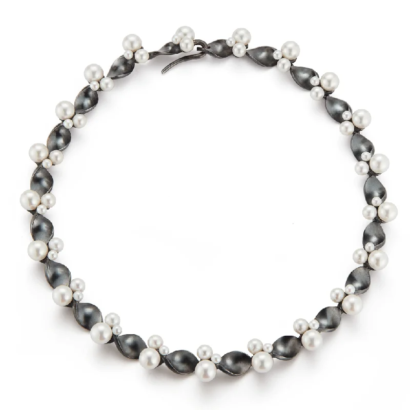 geometric necklaces for women -On The Edge Oxidized Sterling Silver and Pearl Necklace