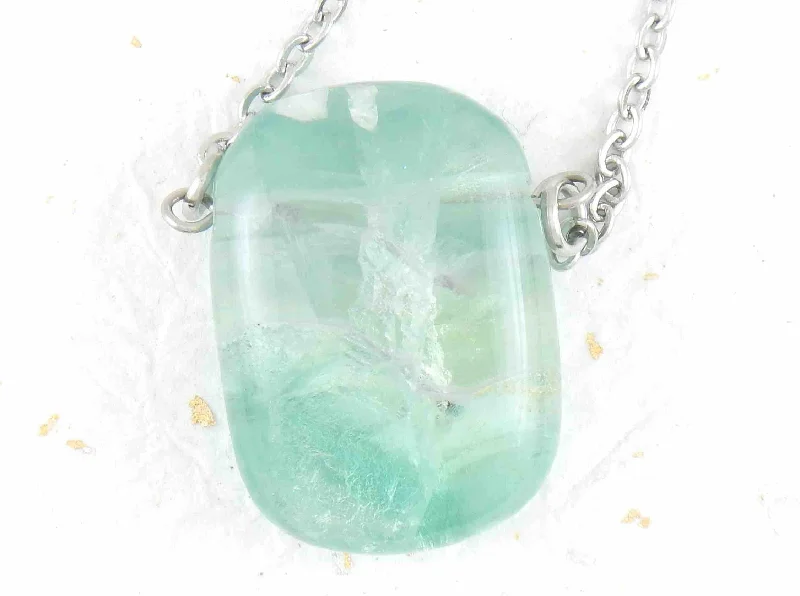 dainty silver necklaces for women -26-inch necklace with rectangular translucent light green fluorite stone pendant, stainless steel chain