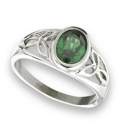 engagement rings for women -Stainless Steel Celtic Ring with Green CZ