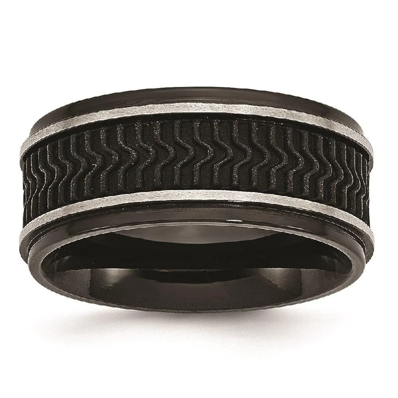 double band rings for women -Stainless Steel Black IP-plated w/ Rubber Inlay Ring