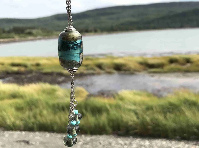 diamond necklaces for women -28-inch necklace with funky cylinder, dark turquoise-gray marbled pattern (Murano-style glass handmade in Montreal), matching pendants, stainless steel chain