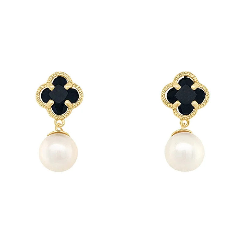 clip-on earrings for women -Black Clover and Pearl Stud Earrings in 9ct Yellow Gold Silver Infused