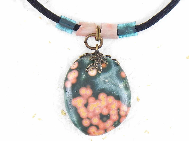 chunky necklaces for women -20-inch forest green oval jasper pendant with coral pink dots, black satin cord, antique glass cylinder beads, copper clasp