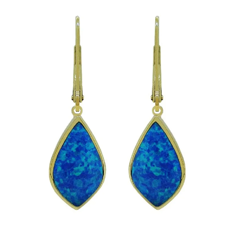 silver stud earrings for women -Blue Created Opal Drop Earrings in 9ct Yellow Gold