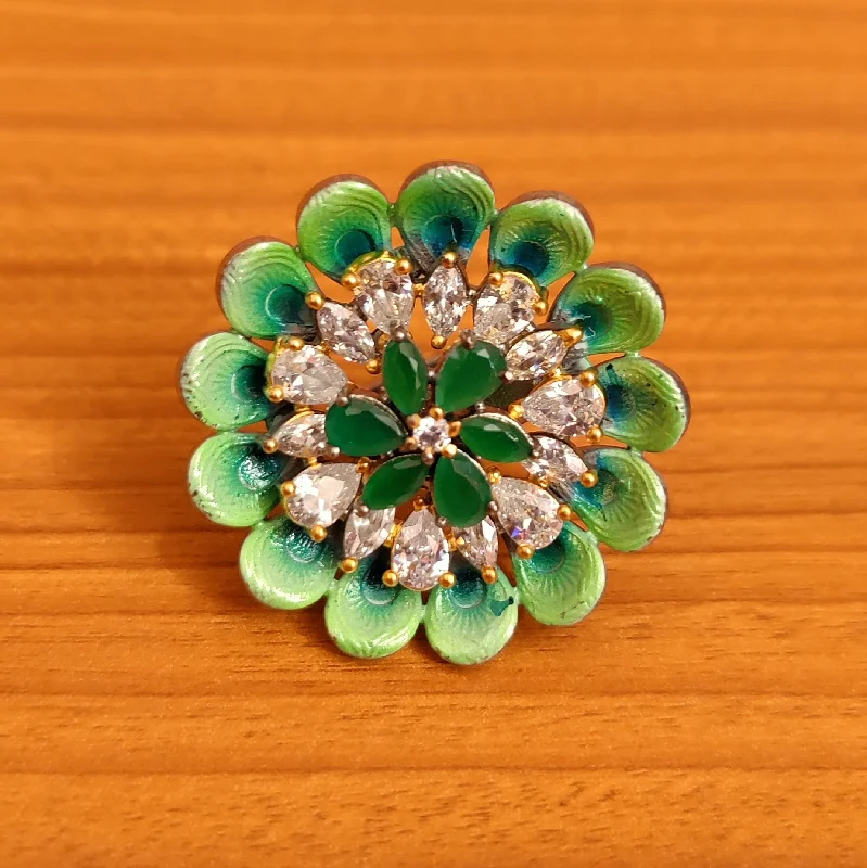 trendy rings for women -EMERALD LOOK CZ STUDDED MEENAKARI ADJUSTABLE COCKTAIL RING