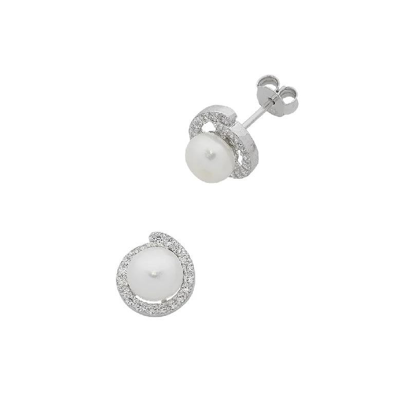 bold earrings for women -Sterling Silver Freshwater Pearl Cubic Zirconia Swirl Stud Earrings