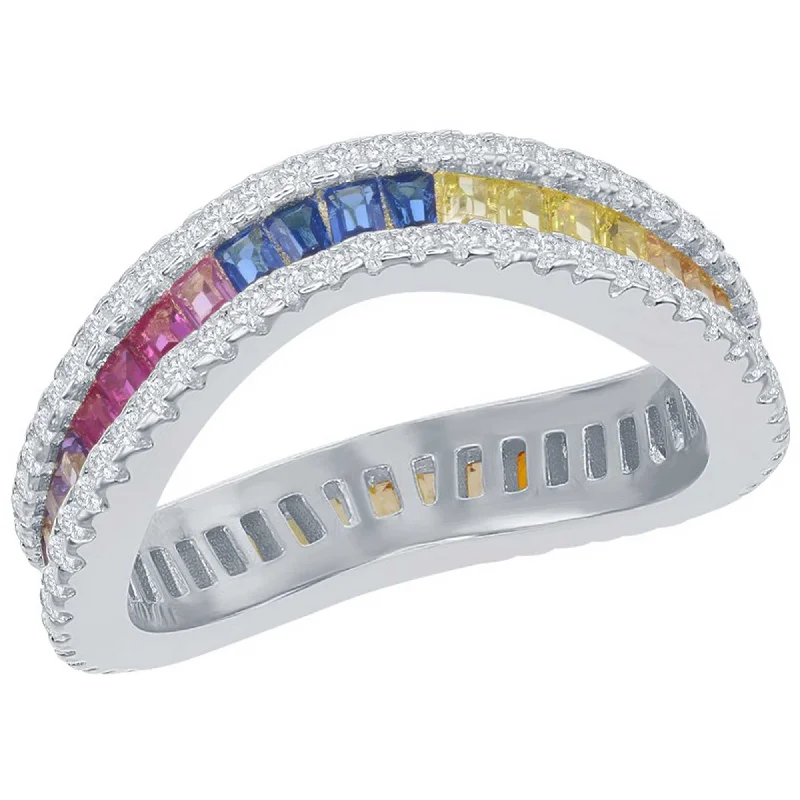 unique rings for women -Classic Women's Rainbow Baguette CZ Wavy Ring - W-2442