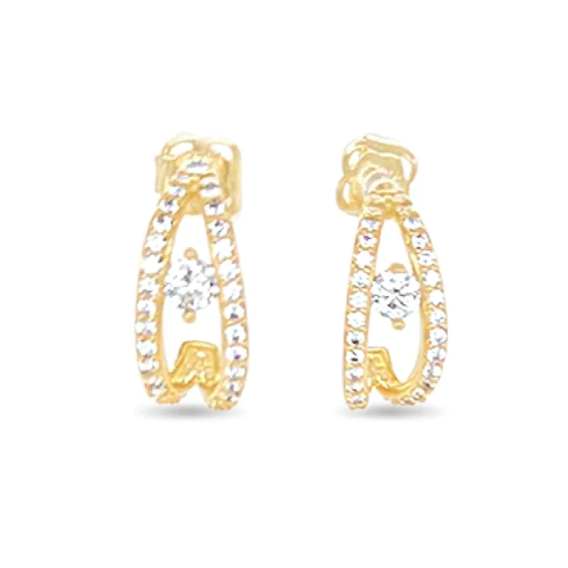 big hoop earrings for women -Double Half Hoop Stud Earrings with Cubic Zirconia in 9ct Yellow Gold