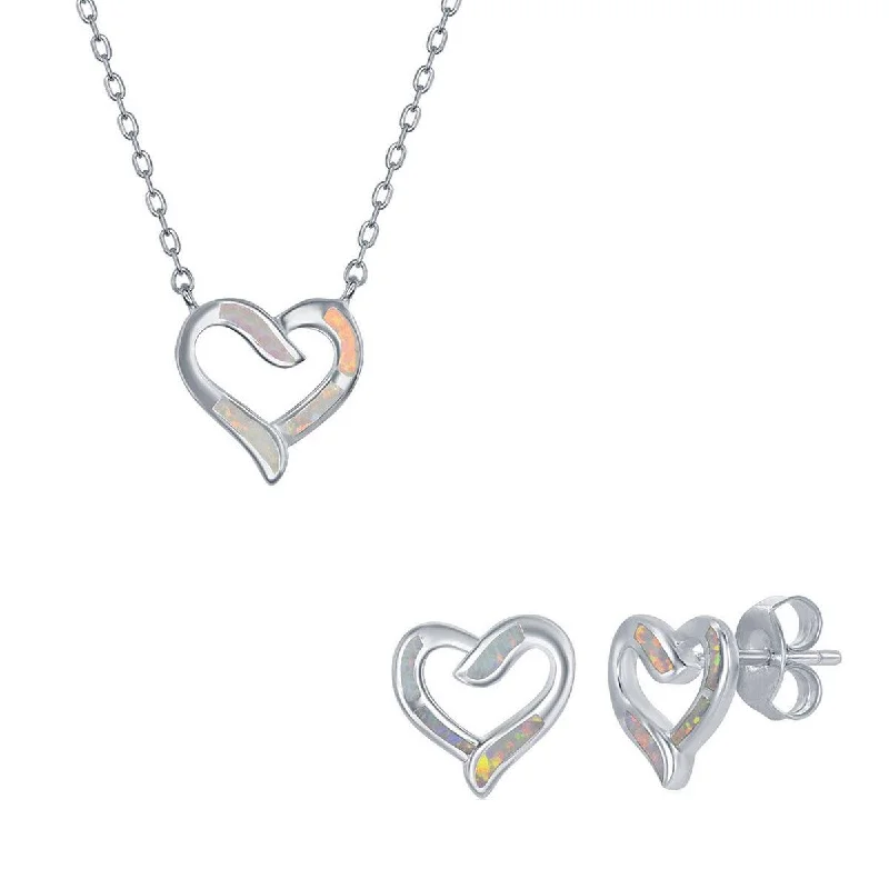 crystal drop necklaces for women -Opalata Women's Necklace and Earrings Set - Sterling Silver White Opal Heart | SET-576