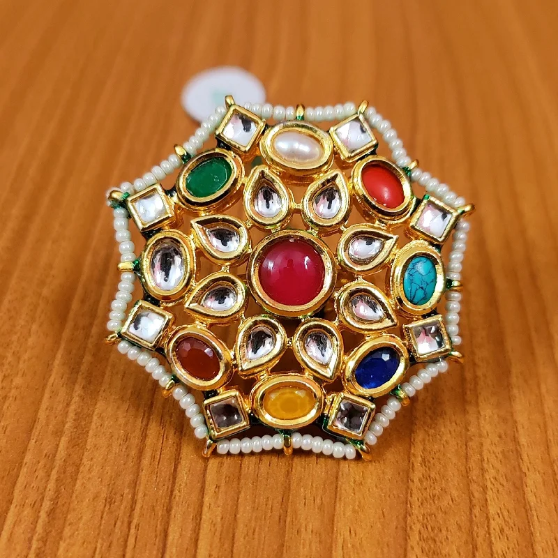 gold rings for women -NAVRATAN KUNDAN MEENAKARI ADJUSTABLE COCKTAIL RING