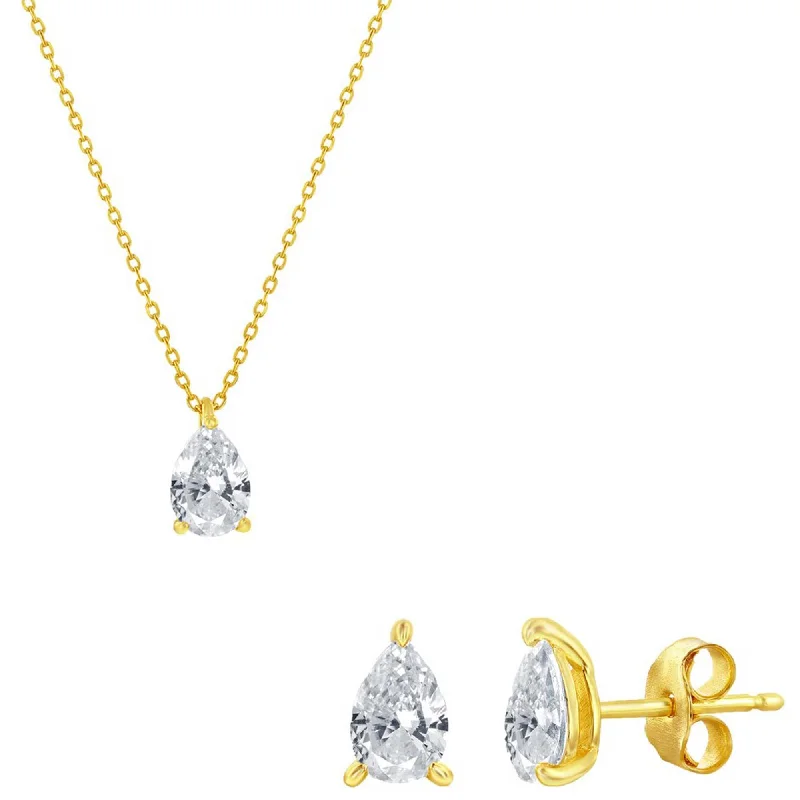 gemstone pendant necklaces for women -Classic Women's Necklace and Earrings Set - Gold Solitaire Pearshape CZ | SET-614