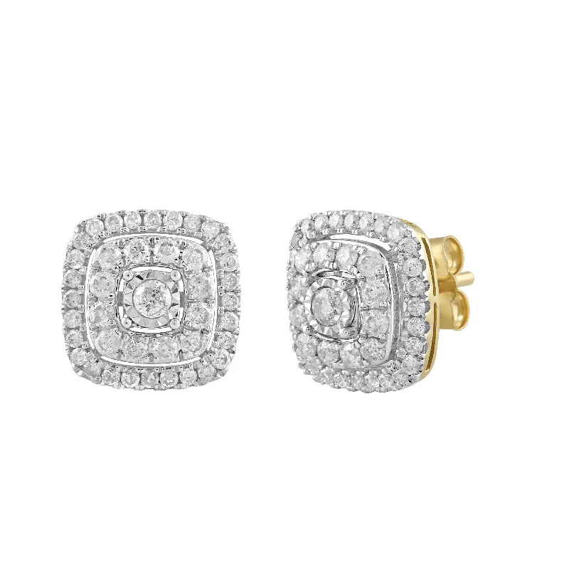 vintage gold earrings for women -Brilliant Solitaire Halo Square Stud Earrings with 1.00ct of Diamonds in 9ct Yellow Gold