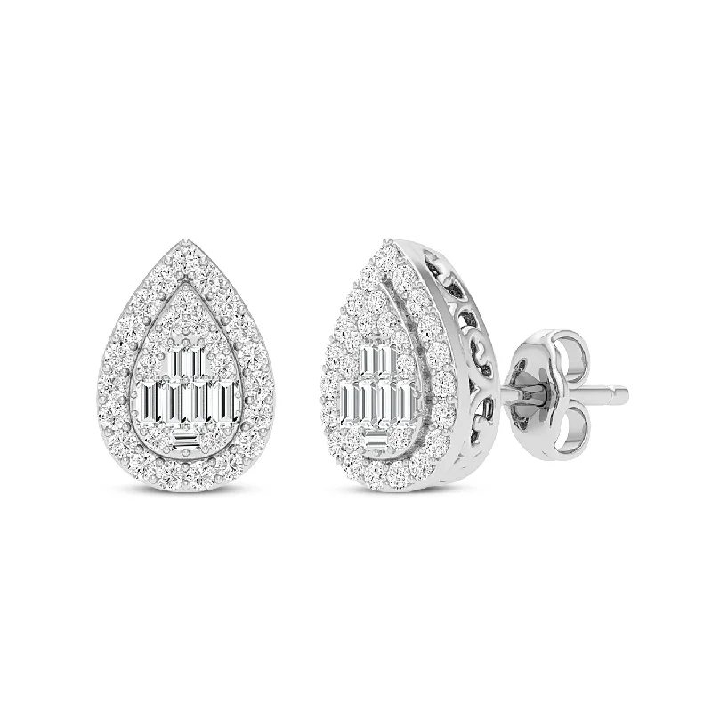 silver earrings for women -Pear Baguette Halo Earrings with 1/2ct of Diamonds in 9ct White Gold