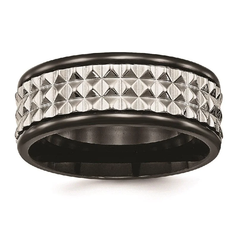 silver rings for women -Stainless Steel Polished Black IP Textured Ring